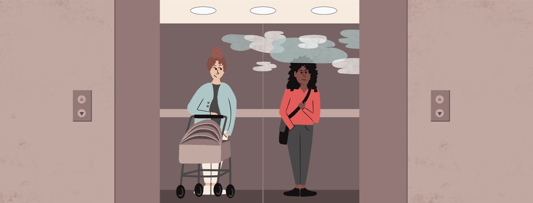 two woman standing in an elevator, one woman, who has insomnia, looking tired with her head covered by clouds and the other woman with a baby stroller looking judgemental