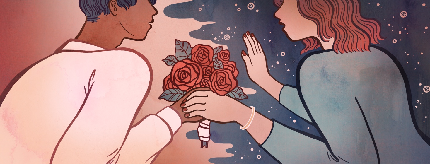 As day turns into night in the background, a man and woman hold a bouquet of roses together as the woman, who has insomnia, puts her hand up.