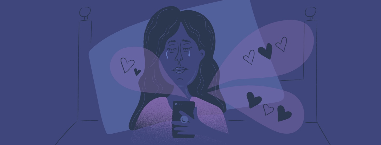 a woman with insomnia laying awake in her bed at night crying while speech bubbles of love and comfort come out of her phone