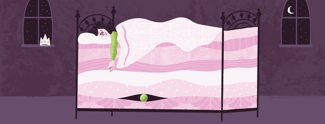 a woman with insomnia laying awake at night on a pile of mattresses with a pea wedged under the bottom one