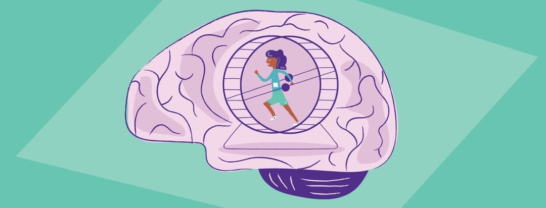 A woman with insomnia running on a hamster wheel in a brain