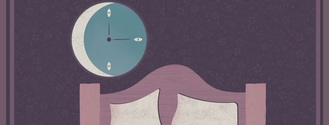 a bedroom with a clock that is half a moon with pills as the numbers