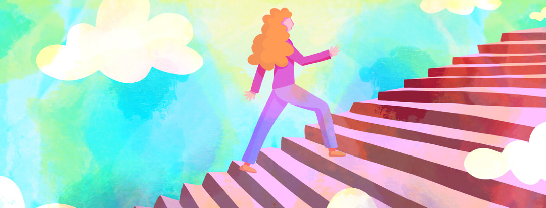 A woman confidently walking up a flight of stairs into a bright sunshine filled sky