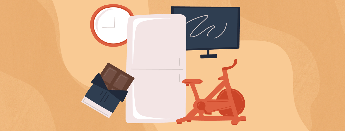 a clock, a chocolate bar, a refrigerator, an exercise bike, and a TV