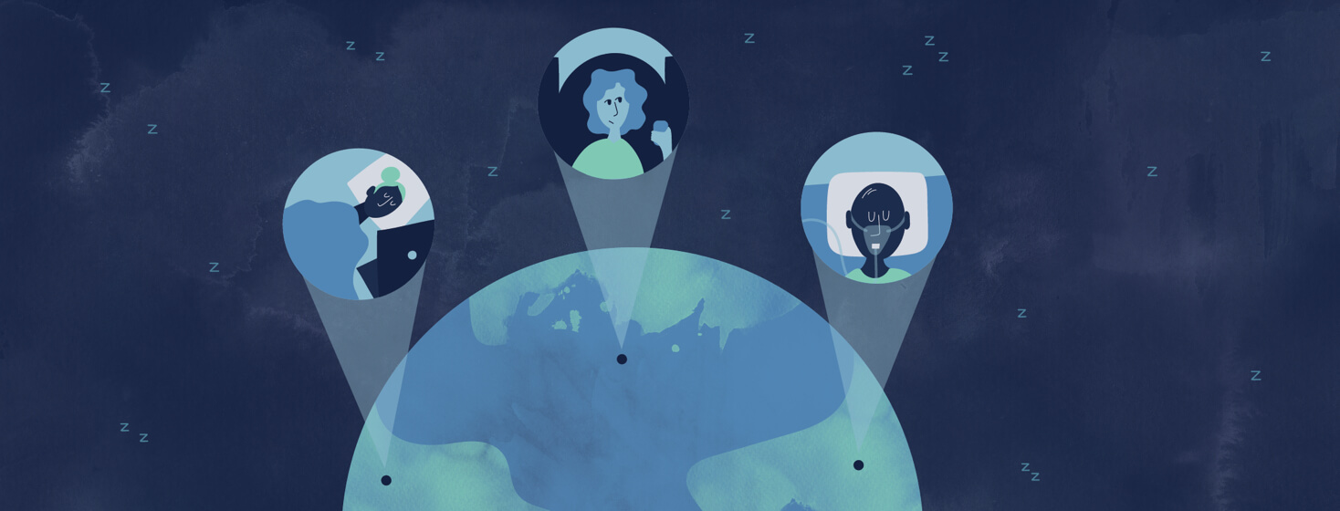 a globe with circles showing people across the world sleeping with good and bad sleep habits