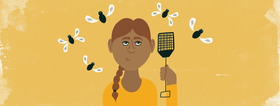 a woman holding a fly swatter and looking annoyed while flies with speech bubble shaped wings fly around her