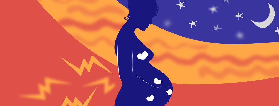 a silhouette of a woman holding her stomach while symbols of pain, stars, and the moon are behind her