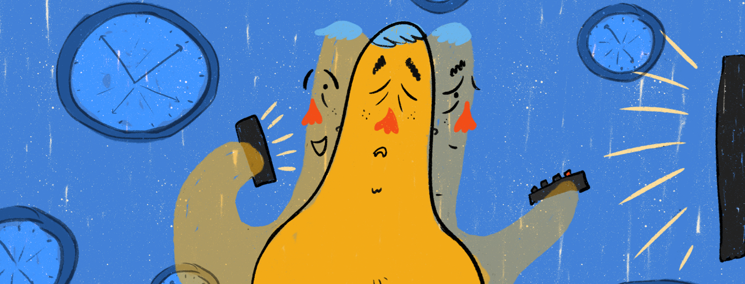 Person with a tired expression in foreground and in the background that same person on their phone and then watching TV with clocks surrounding