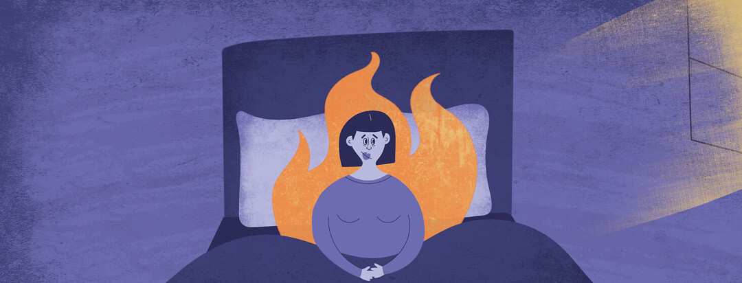 a woman sitting awake in bed surrounded by flames