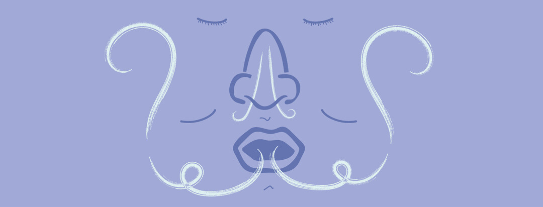A face with closed eyes and air flowing in and out through the nose and mouth