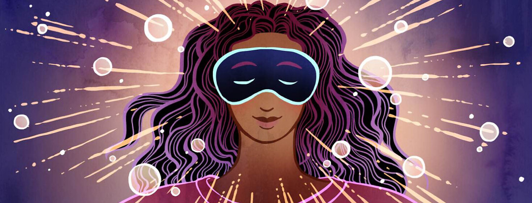 Sparkles and rays of light radiate from a smiling woman wearing an eye mask which is simultaneously blocking out all of the light