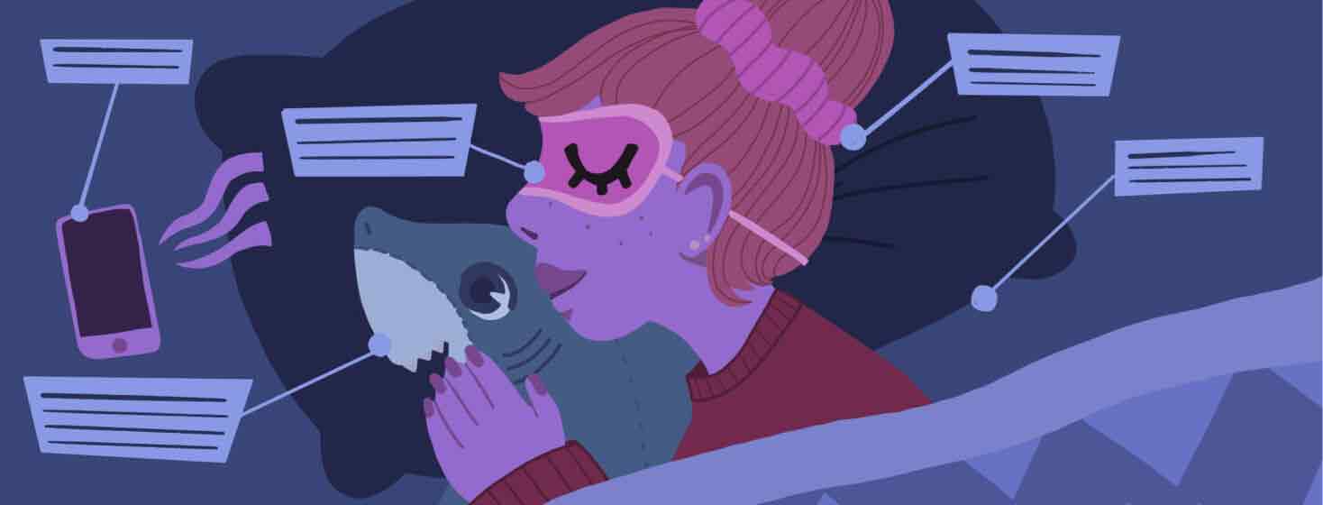 Adult female laying in bed with a pillow, eye mask, stuffed animal, and phone playing relaxing sounds. There are labels pointing at each item. Sleep hygiene.