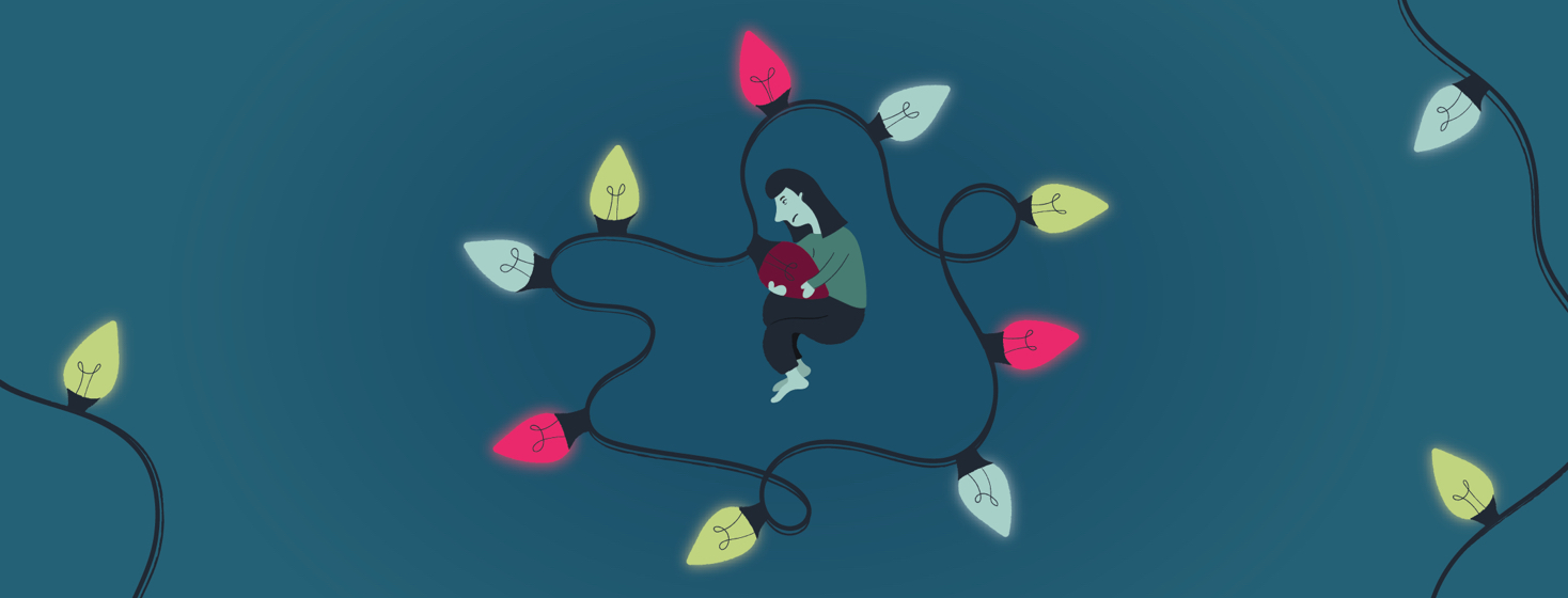 a tired woman curled up around a burnt out Christmas light bulb surrounded by brightly lit light bulbs