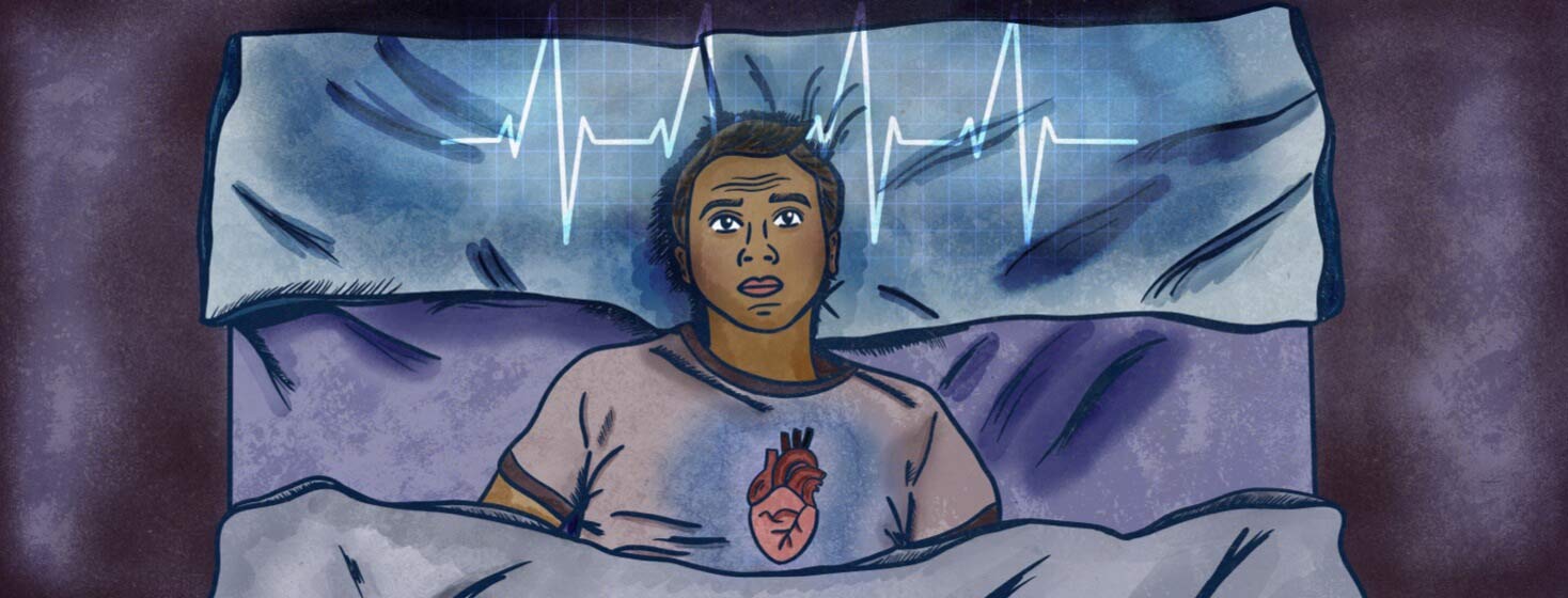 Adult male POC lies awake in bed with a glowing heart, and an EKG line above him