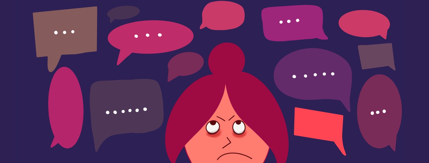 A woman with speech bubbles around her head represented the unsolicited advice she gets from people around her.