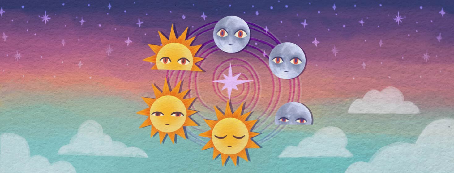 A circle showing the cycle of the sun and moon rising and setting. The moon is wide awake while the sun is fast asleep. Insomnia, sleep, circadian rhythm.