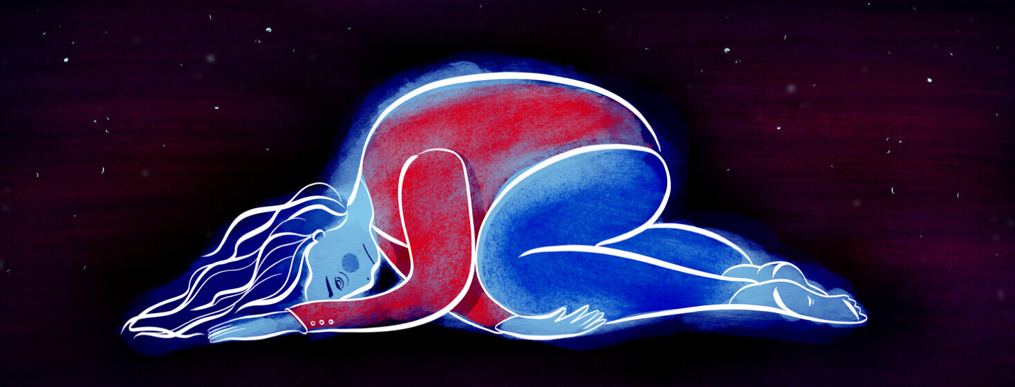 A woman lies curled up, exhausted, with a starry sky scene behind her