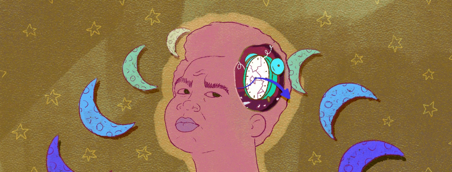 Person with broken clock in their head and moons circling them