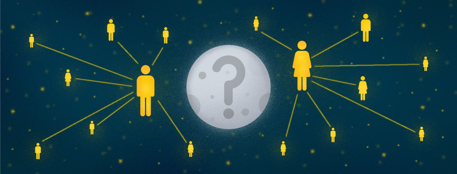 A night sky with male and female icons for stars with a moon with a question mark on it