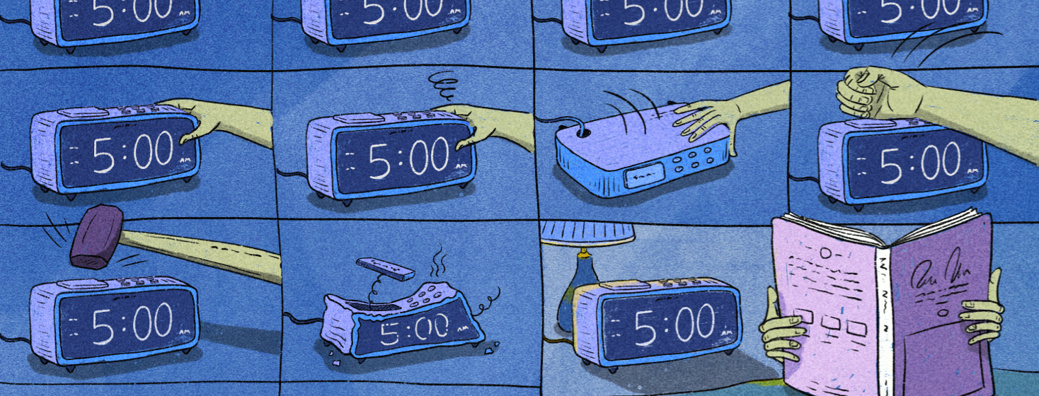 A repeated alarm clock showing five o'clock