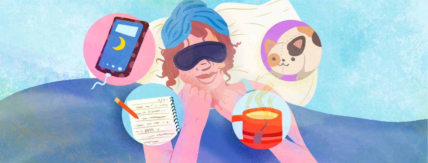 Woman with head wrap and eye mask sleeps cozily on pillow; call out bubbles include a stuffed animal, tea, journaling, silenced charging phone. Sleep, sleeping, wind down, rest, resting, bed White, female, adult