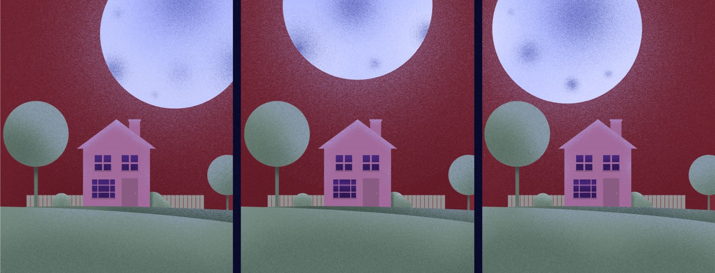 3 scenes of a moon over a house