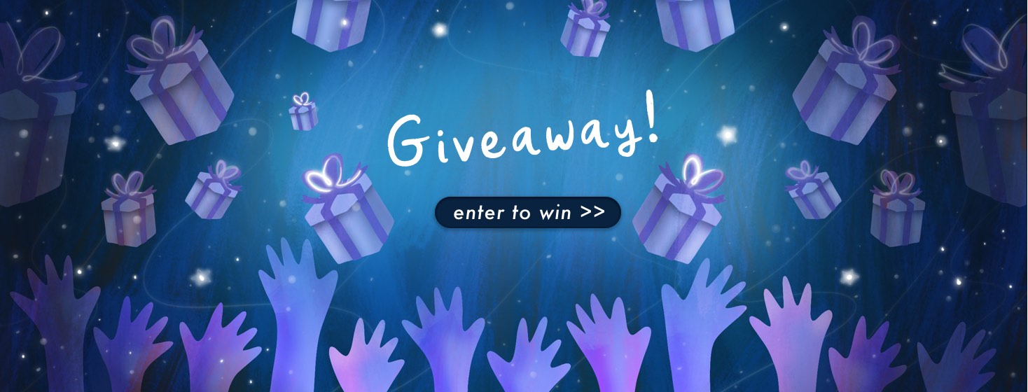 Many hands reaching up toward falling gifts, with text reading Giveaway! Enter to win.