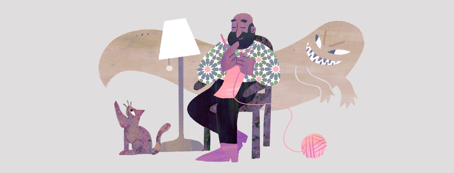 Bearded Black man sitting in an armchair, peacefully knitting and ignoring a monstrous ghost lurking behind him.