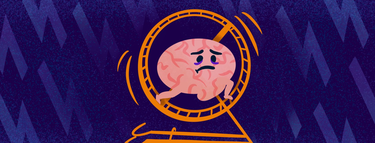 A brain with exhausted bags under the eyes on its face, runs with difficulty on a hamster wheel.
