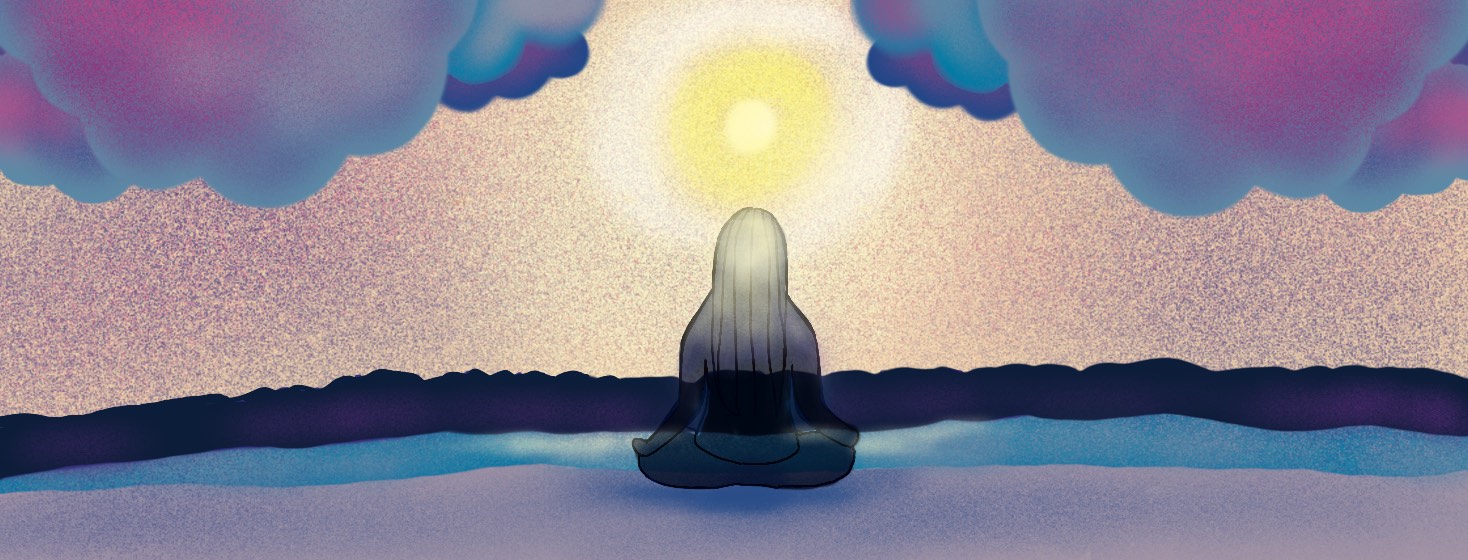 A woman sitting in butterfly position on a beach at sunset, meditating or praying.