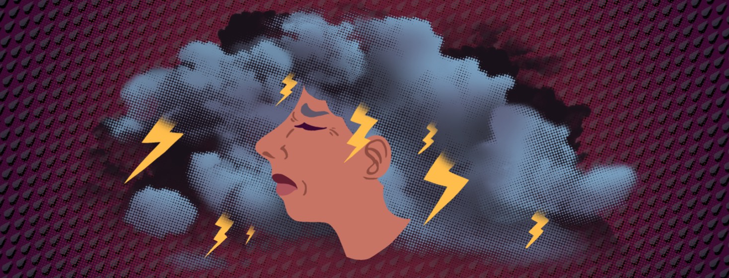 Storm clouds with lightning form the hair of a middle-aged woman, who furrows her brow, struggling.