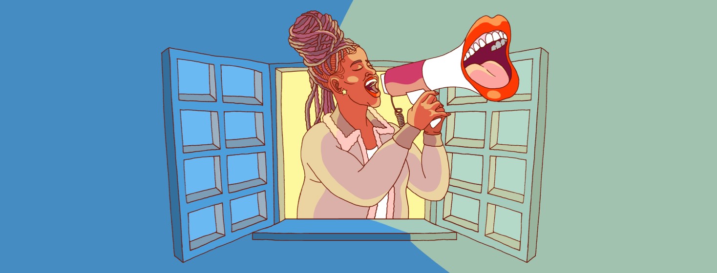 Woman leaning out of an open window, speaking into a megaphone. The open end of the megaphone is an oversized open mouth.