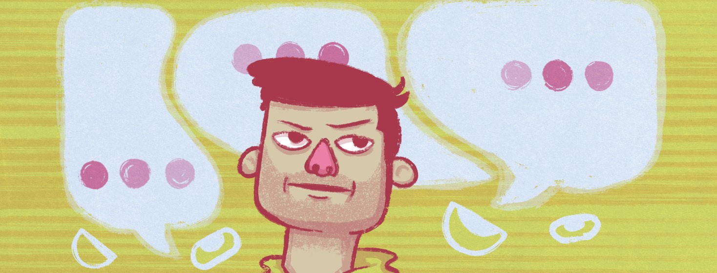 A man giving a flat-mouthed side-eye look at speech bubbles coming at him from all sides.