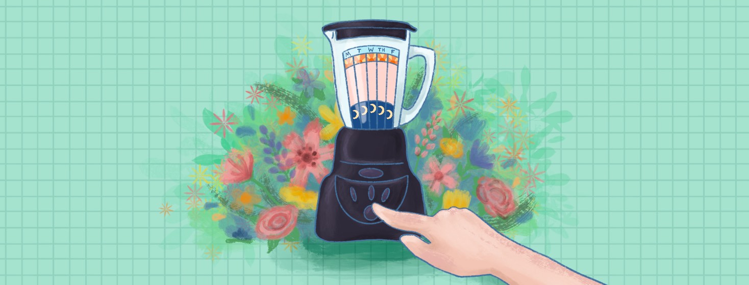 A finger hovering over the on button of a blender surrounded by blooming flowers. Inside the blender is a daily schedule showing a sleep routine.