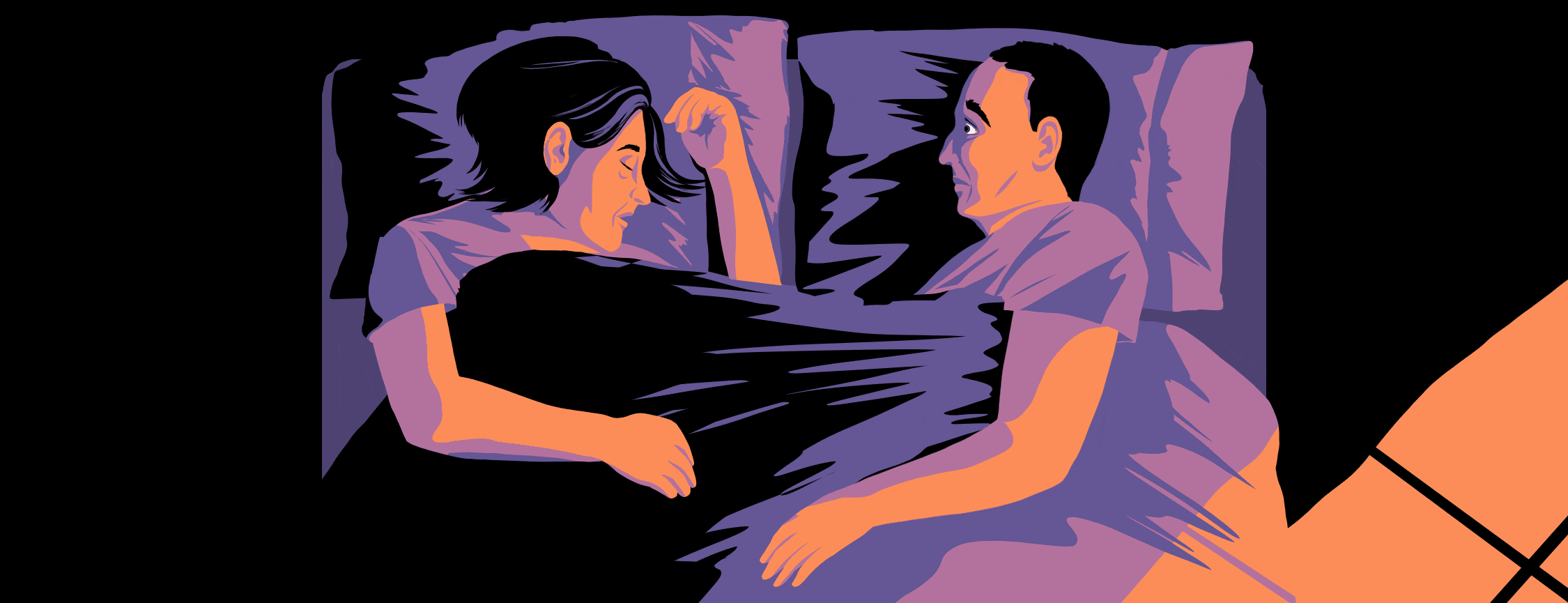 A woman sleeps next to a man who is wide awake