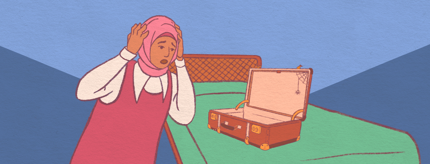A hijabi woman with a regretful expression, clutching her head in stress as she looks at her empty suitcase laying open on a hotel bed.