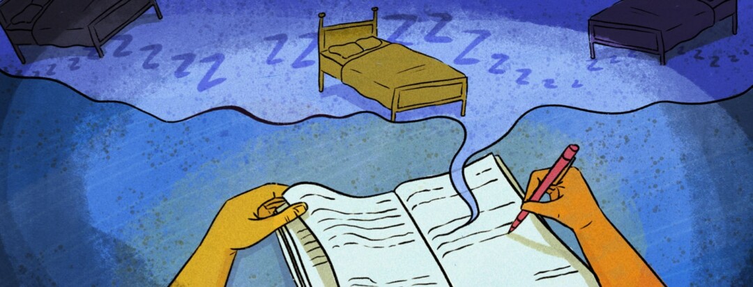 Person journaling with a bed and "Zzzzz" coming out of the journal