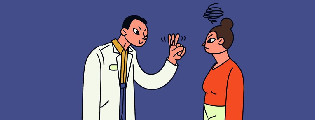 A doctor is gaslighting an upset patient by wagging his finger in her face and not listening