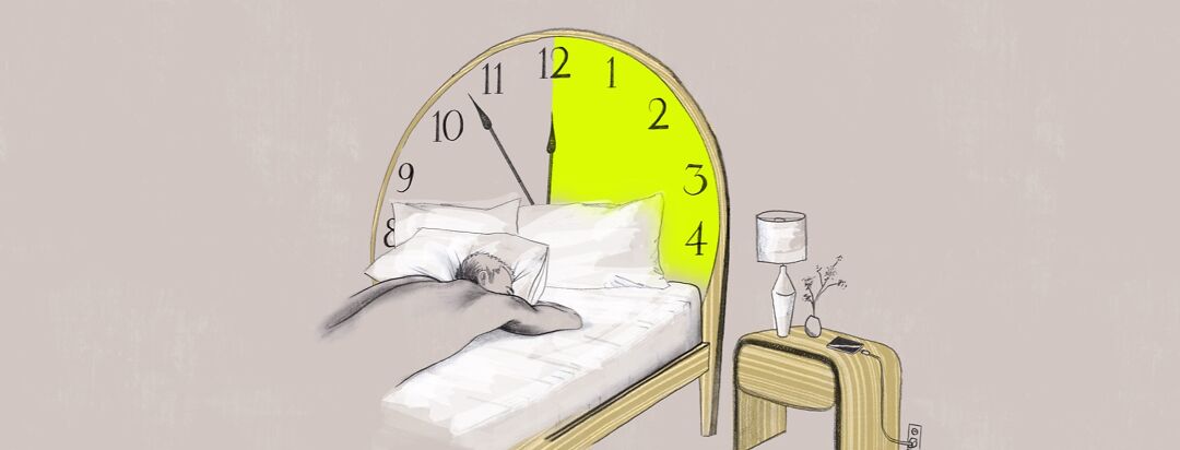 Person sleeping on their stomach in a bed with a clock in the background with twelve through five o'clock highlighted